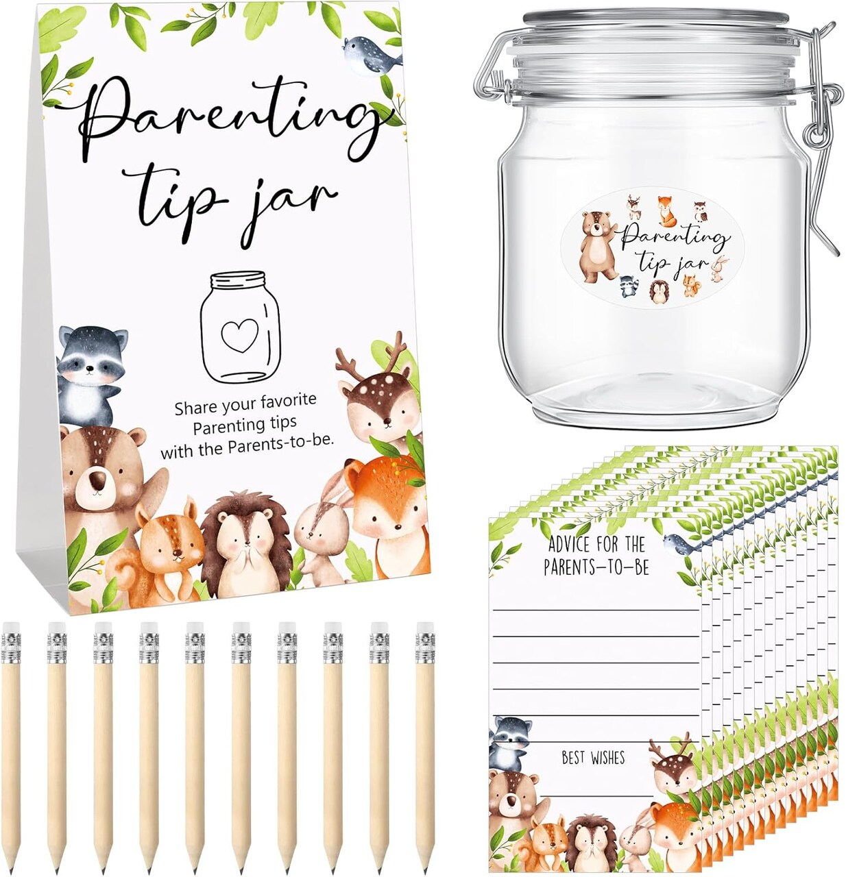 Baby Shower Advice Cards for New Parents to Be - Tip Jar Sign Parenting Advice Cards 10 HB Pencils 2 Cute Stickers 1 Pet Bottle for Guests Games(Woodland)